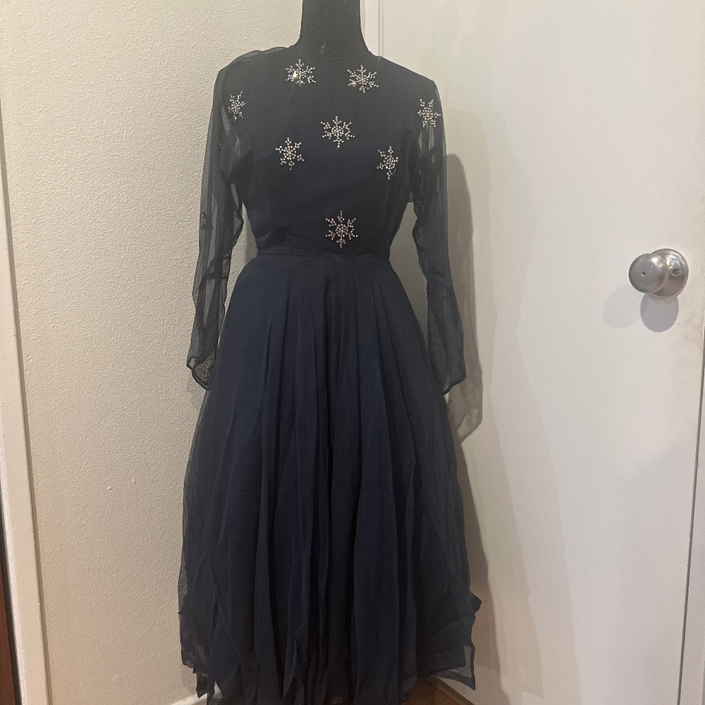 1950s rhinestone dark navy sheath circle dress